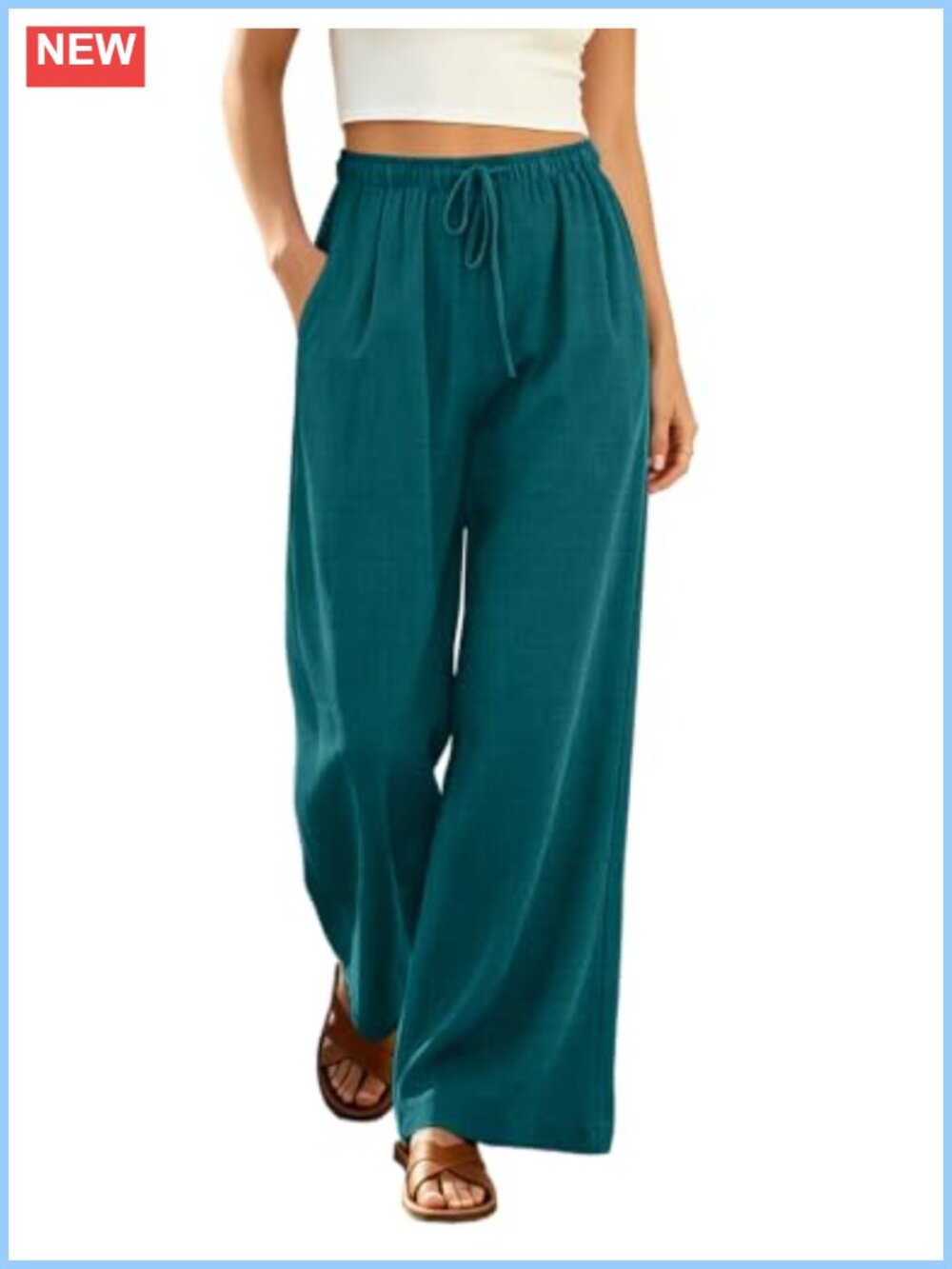 Wide Leg Cotton Palazzo Pants Loose High Rise Pull On Casual
